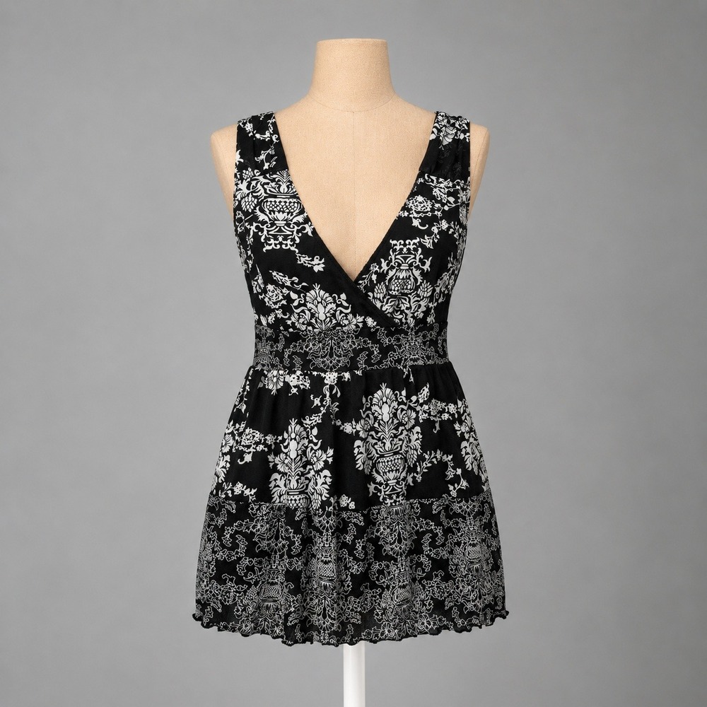 Vintage Y2K Paisley Empire Waist Babydoll Top Size S Black Lettuce Hem Fairycore